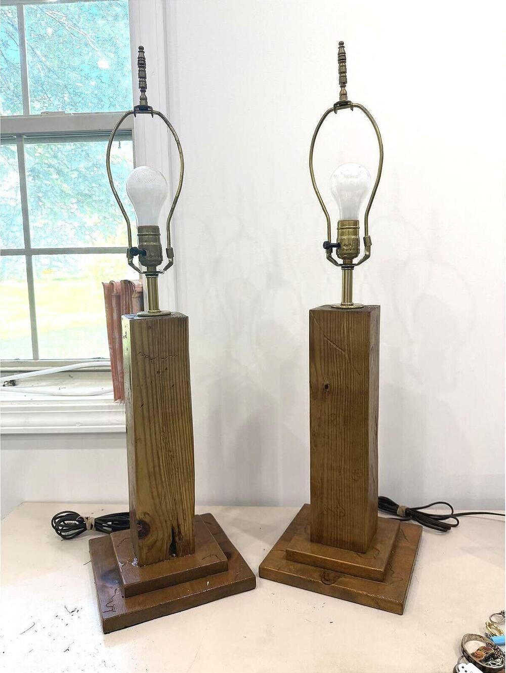 Pair of Rustic Wooden Table Lamps with Brass Hardware